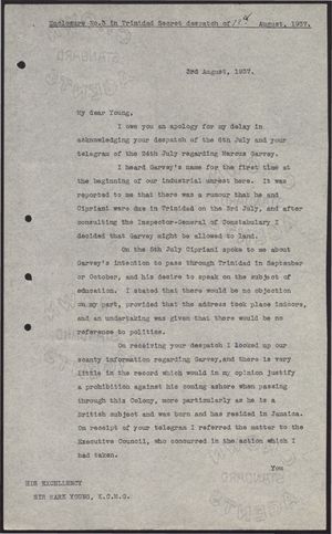 Copy of Letter from Murchison Fletcher to Sir Mark Young re: Marcus Garvey, Cipriani, and Permission to Land in Trinidad, August 3, 1937 Copy of Letter from Murchison Fletcher to Sir Mark Young re: Marcus Garvey, Cipriani, and Permission to Land in Trinidad, August 3, 1937