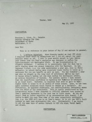 Confidential Letter from Armin H. Meyer to Theodore L. Eliot, Jr. re: L'Affaire Fulbright; Rusk Message; Publicity; Shah's Program; FY 68 Tranche; Annual Review, May 15, 1967 Confidential Letter from Armin H. Meyer to Theodore L. Eliot, Jr. re: L'Affaire Fulbright; Rusk Message; Publicity; Shah's Program; FY 68 Tranche; Annual Review, May 15, 1967