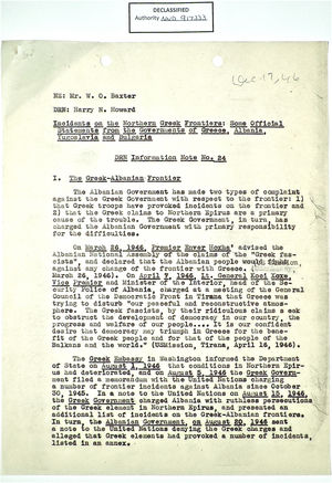 Memo from Harry N. Howard to W. O. Baxter re: Incidents on Northern Greek Frontiers: Some Official Statements from Govts. of Greece, Albania, Yugoslavia & Bulgaria, c.1947 Memo from Harry N. Howard to W. O. Baxter re: Incidents on Northern Greek Frontiers: Some Official Statements from Govts. of Greece, Albania, Yugoslavia & Bulgaria, c.1947