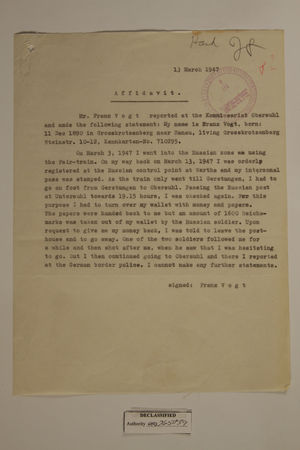 Affidavit from Mr. Franz Vogt, 13 March 1947 Affidavit from Mr. Franz Vogt, 13 March 1947