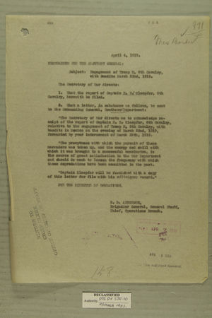 Memo from E. D. Anderson re: Engagement of Troop M, 8th Cavalry, with Bandits March 2, 1919, April 4, 1919 Memo from E. D. Anderson re: Engagement of Troop M, 8th Cavalry, with Bandits March 2, 1919, April 4, 1919
