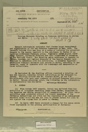 Foreign Ministry Briefing on Fedayeen Activities in Jordan, September 18, 1956 Foreign Ministry Briefing on Fedayeen Activities in Jordan, September 18, 1956