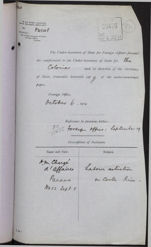 Correspondence re: Labour Situation in Costa Rica, August 29-October 6, 1914 Correspondence re: Labour Situation in Costa Rica, August 29-October 6, 1914