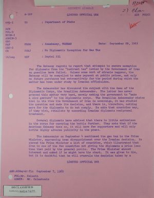 Airgram from Armin H. Meyer to Department of State re: No Diplomatic Exemption for Gas Tax, September 9, 1965 Airgram from Armin H. Meyer to Department of State re: No Diplomatic Exemption for Gas Tax, September 9, 1965
