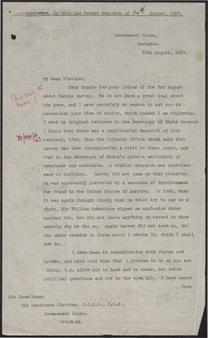 Copy of Letter from Mark Young to Sir Murchison Fletcher re: Marcus Garvey, August 13, 1937 Copy of Letter from Mark Young to Sir Murchison Fletcher re: Marcus Garvey, August 13, 1937