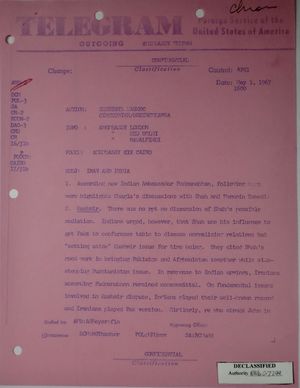 Telegram from Armin H. Meyer to Secretary of State Rusk re: Iran & India, May 1, 1967 Telegram from Armin H. Meyer to Secretary of State Rusk re: Iran & India, May 1, 1967