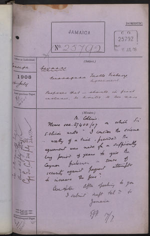 Correspondence Cover Sheet re: Nicaraguan Turtle Fishery, July 16, 1908 Correspondence Cover Sheet re: Nicaraguan Turtle Fishery, July 16, 1908