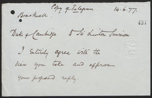 Copy of Telegram from Duke of Cambridge to Sir Lintorn Simmons, June 14, 1877 Copy of Telegram from Duke of Cambridge to Sir Lintorn Simmons, June 14, 1877