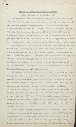 Appendix to Chancellor's Press Statement on Potatoes, December 4, 1947 Appendix to Chancellor's Press Statement on Potatoes, December 4, 1947