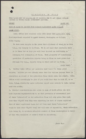 Copy of Cable from British Food Mission - Washington re: Flour Exports, 30.4.46 Copy of Cable from British Food Mission - Washington re: Flour Exports, 30.4.46