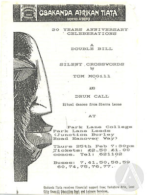 Playbill for <i>Silent Crosswords</i> by Tom McGill and <i>Drum Call</i> by Gbakanda Afrikan Tiata Company, Leeds England, 1988 Playbill for <i>Silent Crosswords</i> by Tom McGill and <i>Drum Call</i> by Gbakanda Afrikan Tiata Company, Leeds England, 1988