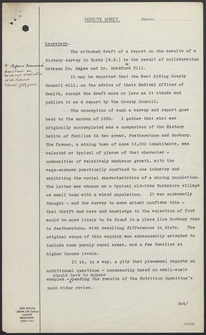 Memo from R.B. Cross re: Dietary Survey in West Riding of Yorkshire, February 27, 1939 Memo from R.B. Cross re: Dietary Survey in West Riding of Yorkshire, February 27, 1939