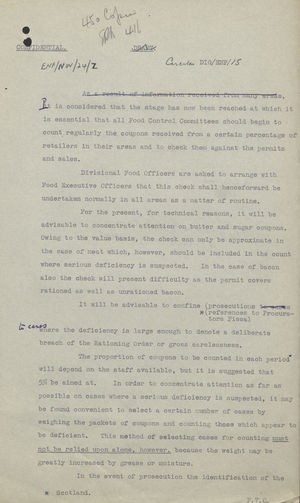 Draft of Circular Letter from Ministry of Food, London, re: Regular Counting of Ration Coupons, April 1940 Draft of Circular Letter from Ministry of Food, London, re: Regular Counting of Ration Coupons, April 1940