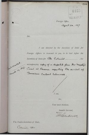 Correspondence re: Arrival of Jamaican Contract Labourers at Panama, March 19 - April 20, 1897 Correspondence re: Arrival of Jamaican Contract Labourers at Panama, March 19 - April 20, 1897