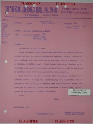 Telegram from Armin H. Meyer to Secretary of State re: Discussion of Algiers Afro-Asian Conference with Iranian Foreign Minister Aram, May 1, 1965 Telegram from Armin H. Meyer to Secretary of State re: Discussion of Algiers Afro-Asian Conference with Iranian Foreign Minister Aram, May 1, 1965