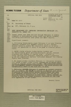 Telegram from Edward B. Lawson in Tel Aviv to Secretary of State, Feb. 15, 1955 Telegram from Edward B. Lawson in Tel Aviv to Secretary of State, Feb. 15, 1955