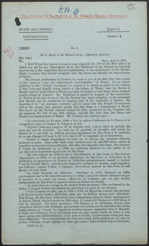 Letter from Sir F. Bertie to Sir Edward Grey, April 3, 1911 Letter from Sir F. Bertie to Sir Edward Grey, April 3, 1911