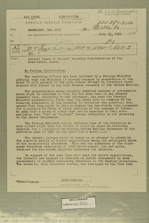 Israeli Fears of General Assembly Consideration of the Arab-Israel Issue, July 30, 1956 Israeli Fears of General Assembly Consideration of the Arab-Israel Issue, July 30, 1956