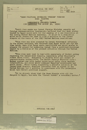 Arab Political Offensive 'Frozen' Through Suez Dispute, August 30, 1956 Arab Political Offensive 'Frozen' Through Suez Dispute, August 30, 1956