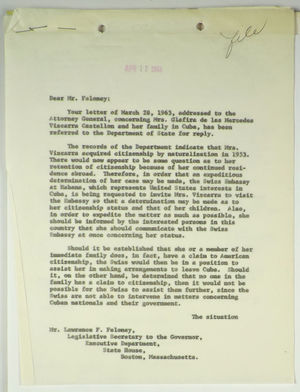 Letter from Abba P. Schwartz to Lawrence F. Feloney re: Mrs. Glafira Vizcarra Castellon & Her Family in Cuba, April 12, 1963 Letter from Abba P. Schwartz to Lawrence F. Feloney re: Mrs. Glafira Vizcarra Castellon & Her Family in Cuba, April 12, 1963