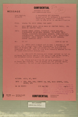Confidential Message from USARMA Tel Aviv Israel, SGD Query, to DEPTAR Wash DC for ACSI, AFOIN, & CNO, September 12, 1956 Confidential Message from USARMA Tel Aviv Israel, SGD Query, to DEPTAR Wash DC for ACSI, AFOIN, & CNO, September 12, 1956