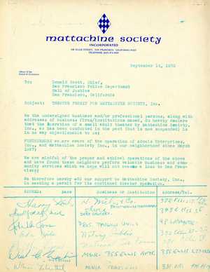 1973 Petition for Theater Permit For Mattachine Society, San Francisco 1973 Petition for Theater Permit For Mattachine Society, San Francisco