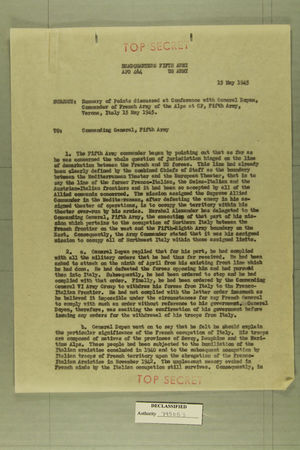 Memo from Colonel T. J. Conway to the Commanding General, Fifth Army, May 15, 1945 Memo from Colonel T. J. Conway to the Commanding General, Fifth Army, May 15, 1945