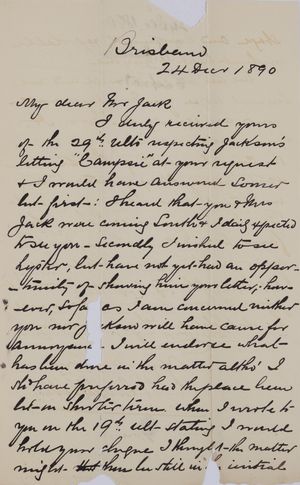 Letter from J. B. Henderson to Robert Logan Jack, December 24, 1890 Letter from J. B. Henderson to Robert Logan Jack, December 24, 1890