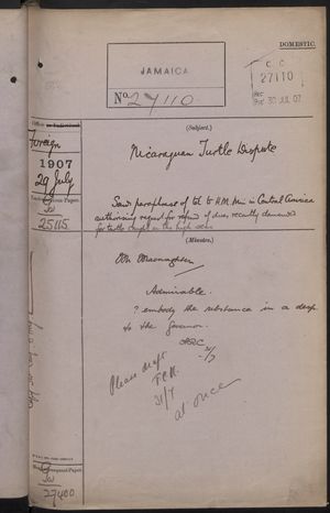 Correspondence Cover Sheet re: Nicaraguan Turtle Fishery, July 29, 1907 Correspondence Cover Sheet re: Nicaraguan Turtle Fishery, July 29, 1907