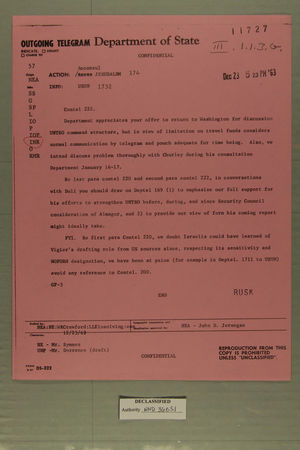 Telegram from USUN to AmConsul Jerusalem, December 23, 1963 Telegram from USUN to AmConsul Jerusalem, December 23, 1963