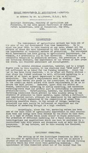 Recent Developments in Agricultural Marketing: An Address by Mr. A.W. Street, May 20, 1930 Recent Developments in Agricultural Marketing: An Address by Mr. A.W. Street, May 20, 1930
