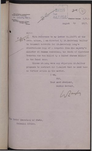 Correspondence re: Killing of Gladstone Brereton by United States Soldier in Canal Zone, May 31-August 4, 1917 Correspondence re: Killing of Gladstone Brereton by United States Soldier in Canal Zone, May 31-August 4, 1917