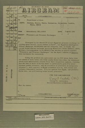 Airgram from AmEmbassy Tel Aviv to Department of State, April 9, 1966 Airgram from AmEmbassy Tel Aviv to Department of State, April 9, 1966