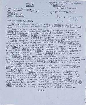 Barrie Reynolds, Keeper of Ethnography, RLI, to MG, 8 Jan. 1958 Barrie Reynolds, Keeper of Ethnography, RLI, to MG, 8 Jan. 1958