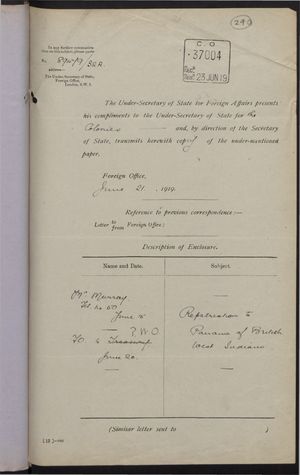 Correspondence re: Repatriation to Panama of British West Indians, June 15-20, 1919 Correspondence re: Repatriation to Panama of British West Indians, June 15-20, 1919