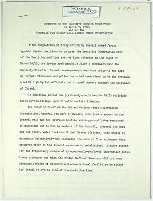Memo re: Security Council Resolution of April 9, 1962; Proposal for Direct Arab–Israel Peace Negotiations, n.d. Memo re: Security Council Resolution of April 9, 1962; Proposal for Direct Arab–Israel Peace Negotiations, n.d.