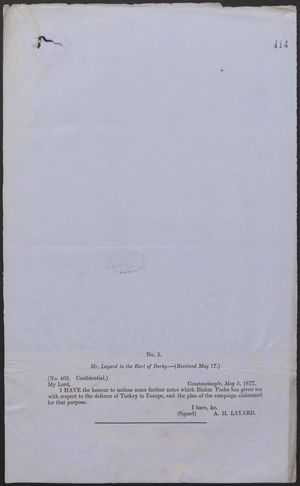 Correspondence re: The defense of Turkey in Europe, May, 1877 Correspondence re: The defense of Turkey in Europe, May, 1877