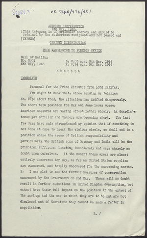 Telegram: Cabinet Distribution from Washington to Foreign Office, May 5, 1946 Telegram: Cabinet Distribution from Washington to Foreign Office, May 5, 1946