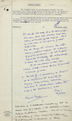 Minute Sheet from North Western Divisional Office re: Unauthorized Sales of Rationed Foods, March 1940 Minute Sheet from North Western Divisional Office re: Unauthorized Sales of Rationed Foods, March 1940