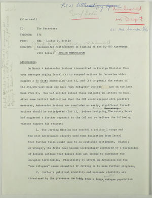 Draft of Memo from Lucius D. Battle to the Secretary re: Recommended Postponement of Signing of PL-480 Agreement with Israel, March 1968 Draft of Memo from Lucius D. Battle to the Secretary re: Recommended Postponement of Signing of PL-480 Agreement with Israel, March 1968