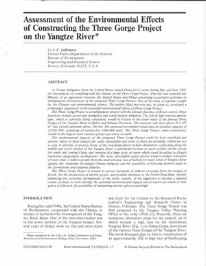 Abstract: Assessment of the Environmental Effects of Constructing the Three Gorge Project on the Yangtze River Abstract: Assessment of the Environmental Effects of Constructing the Three Gorge Project on the Yangtze River