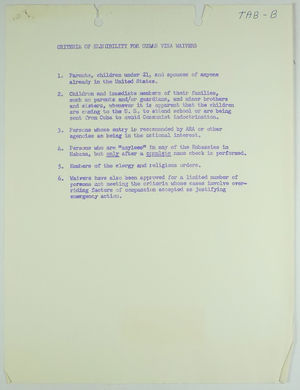 Criteria of Eligibility for Cuban Visa Waivers, c. 1963 Criteria of Eligibility for Cuban Visa Waivers, c. 1963