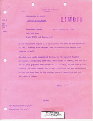 Airgram from Armin H. Meyer to Department of State re: Iran and Iraq, August 8, 1967 Airgram from Armin H. Meyer to Department of State re: Iran and Iraq, August 8, 1967