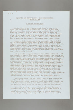 Equality and Development, The Interrelated Goals of IWY: A United States View Equality and Development, The Interrelated Goals of IWY: A United States View