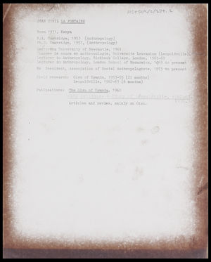 Brief curriculum vitae of Jean Sybil La Fontaine Brief curriculum vitae of Jean Sybil La Fontaine