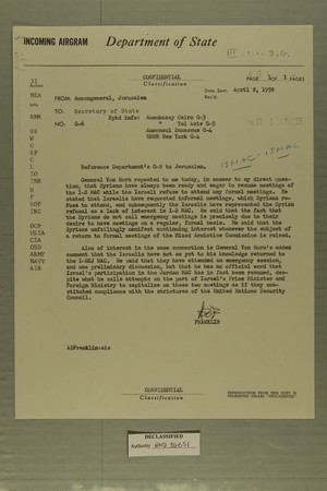 Airgram from AmConGeneral, Jerusalem to Secretary of State, April 8, 1959 Airgram from AmConGeneral, Jerusalem to Secretary of State, April 8, 1959