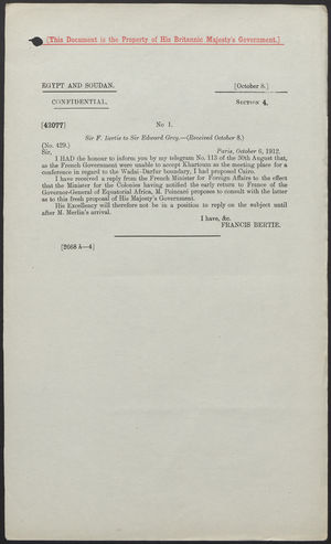 Letter from Sir Francis Bertie to Sir Edward Grey, October 6, 1912 Letter from Sir Francis Bertie to Sir Edward Grey, October 6, 1912