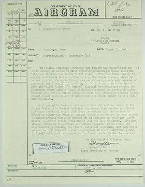 Airgram from Henry B. Cox to Dept. of State re: Representation of U.S. Interests in Cuba, August 2, 1963 Airgram from Henry B. Cox to Dept. of State re: Representation of U.S. Interests in Cuba, August 2, 1963
