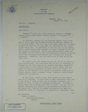 Letter from Robert C. Strong (U.S. Ambassador to Iraq) to Armin H. Meyer, re: Visas for Jewish members of Roger Wagner Chorale visiting Tehran and Iran-Iraq relations, January 18, 1966 Letter from Robert C. Strong (U.S. Ambassador to Iraq) to Armin H. Meyer, re: Visas for Jewish members of Roger Wagner Chorale visiting Tehran and Iran-Iraq relations, January 18, 1966