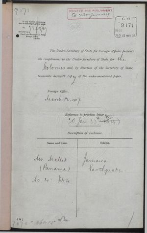 Correspondence re: Jamaica Earthquake, January 22-March 12, 1907 Correspondence re: Jamaica Earthquake, January 22-March 12, 1907
